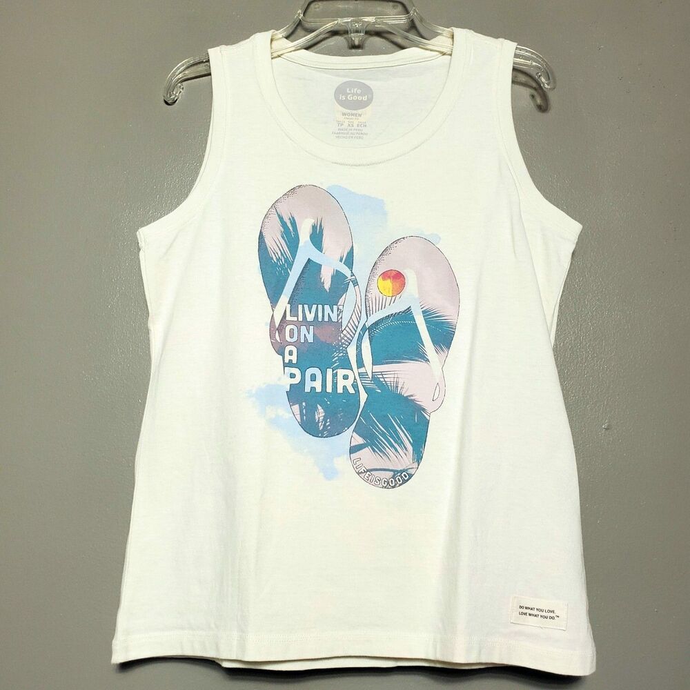 Life Is Good Livin On A Pair Flip Flops Tank Top Womens Size XS Off White Cream